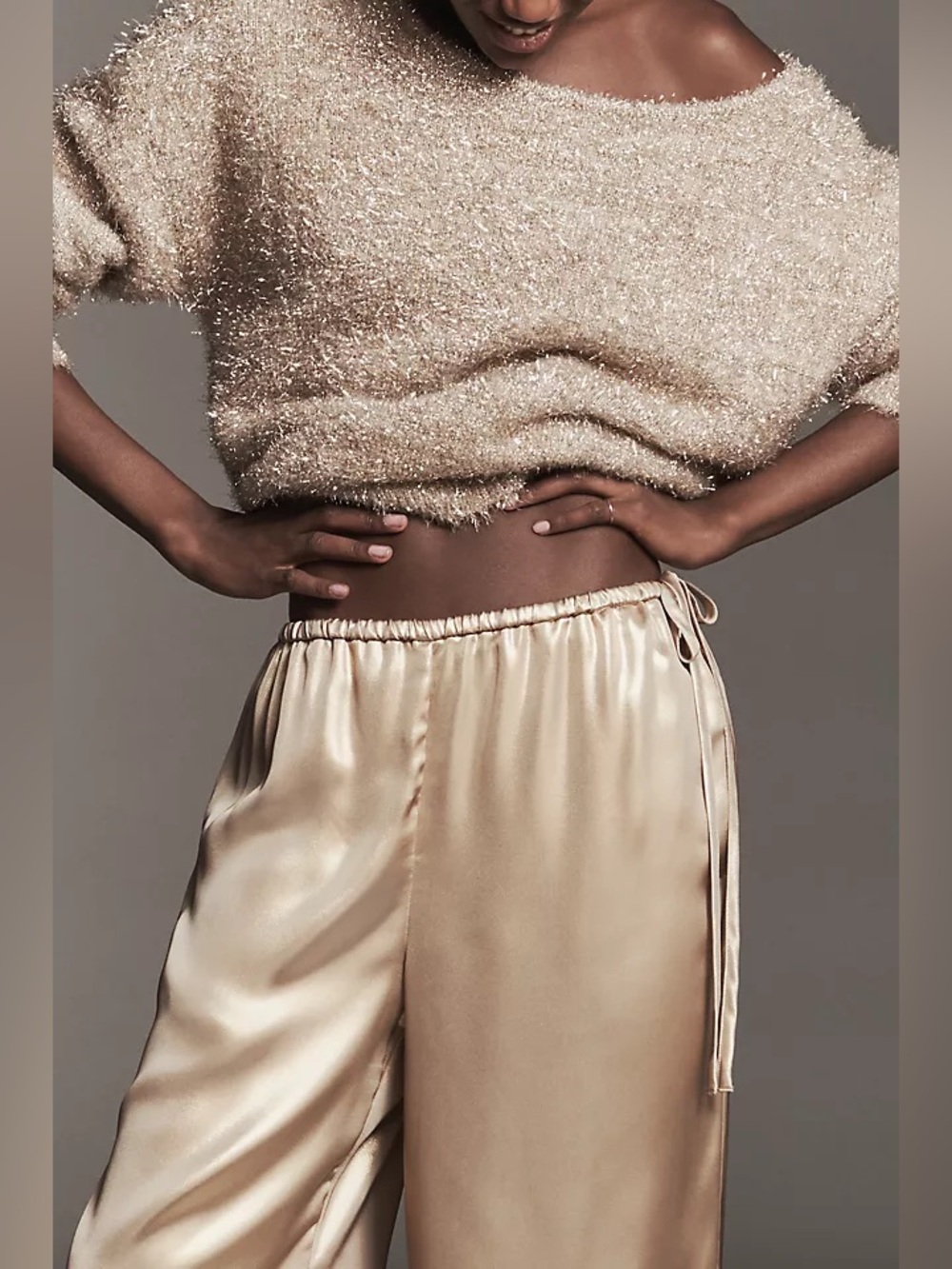 Anthropologie Luxe Satin Wide Leg Champagne Tie Waist - Picture 4 of 6